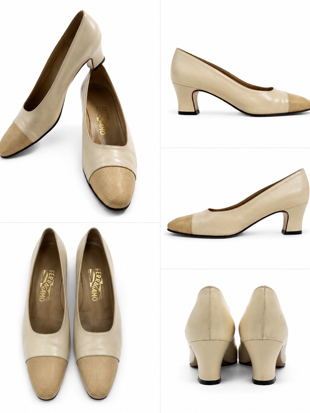 Vintage Salvatore Ferragamo Cream Leather Cap Toe Pumps Size 9
